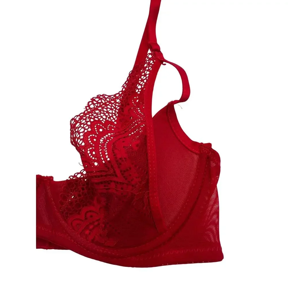 Adore Me Bra Lace Plunge Lightly Padded Underwire Back Closure Red 32C